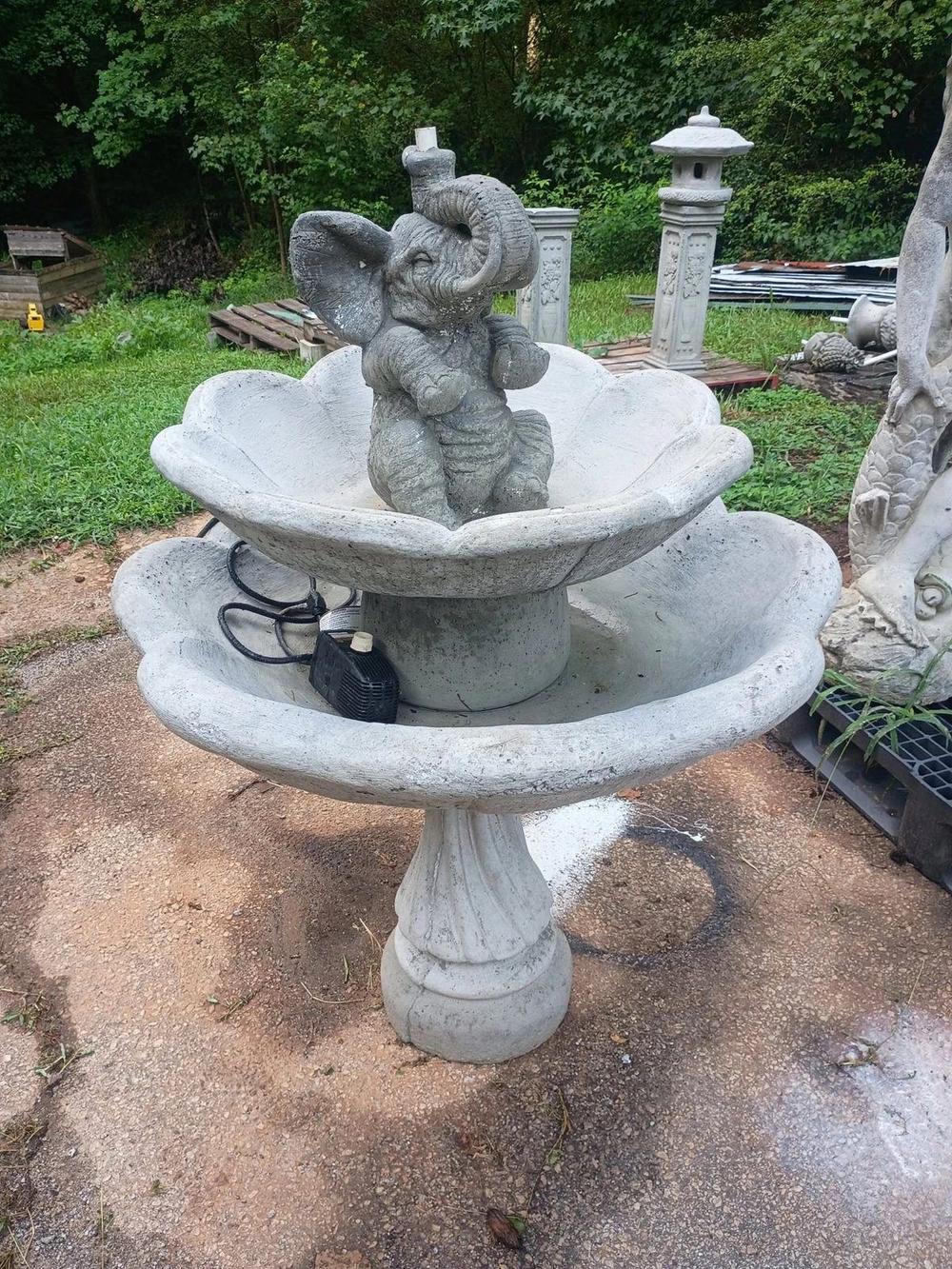Two-tier elephant fountain with scalloped shell bowls, available in Villa Rica, GA
