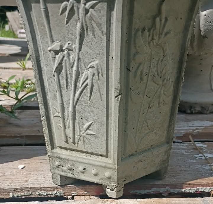 Square concrete planter with bamboo relief panels, handcrafted in Villa Rica, GA